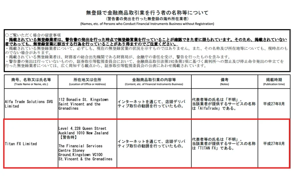 日本の金融庁に未登録で警告を受けている